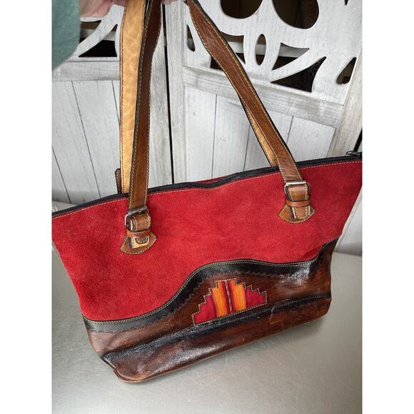 Vintage Red Suede and Brown Leather Trim Tote Bag Southwest Western - Picture 1 of 11